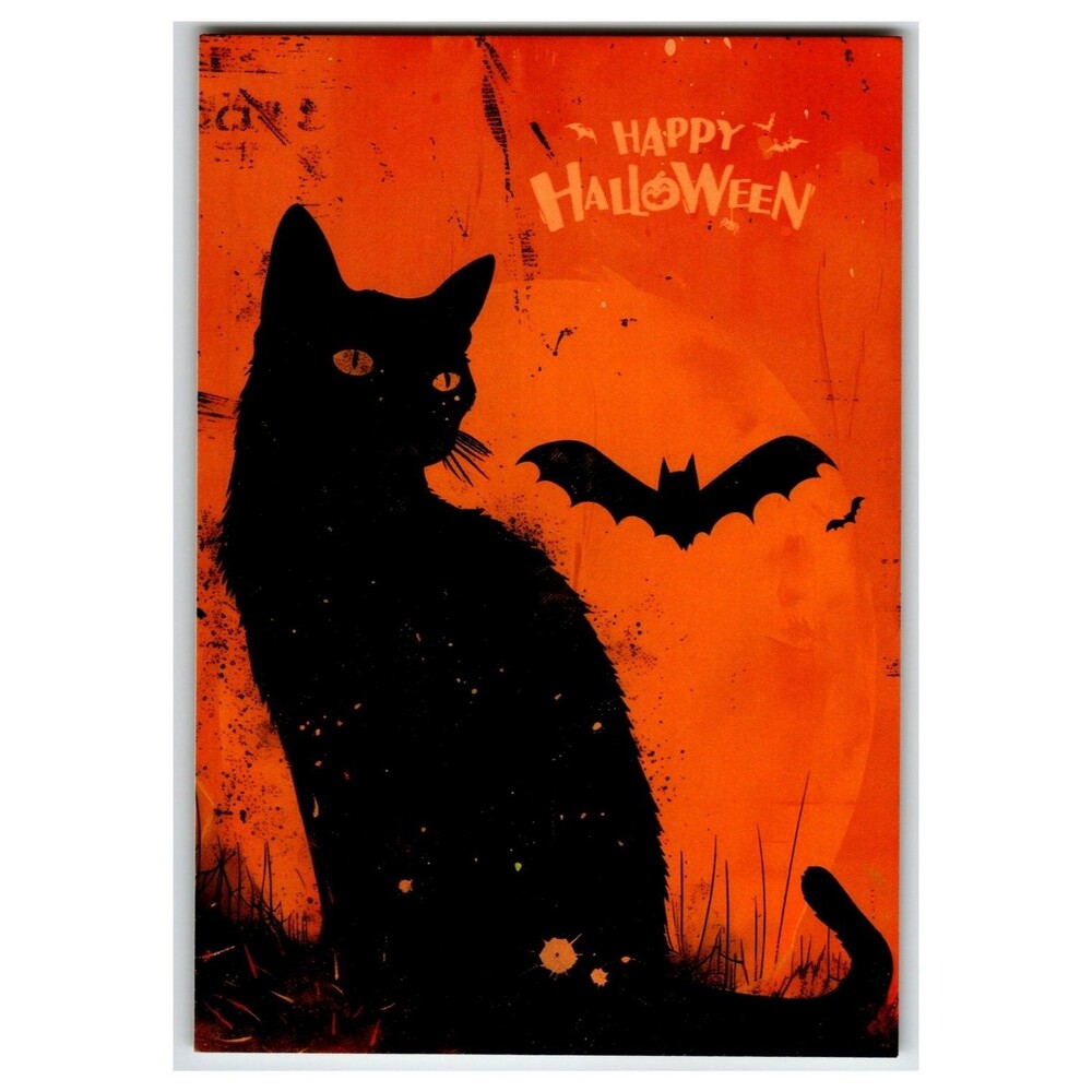 Vintage Style Halloween Postcard Black Cat Orange Moon Bats Unposted